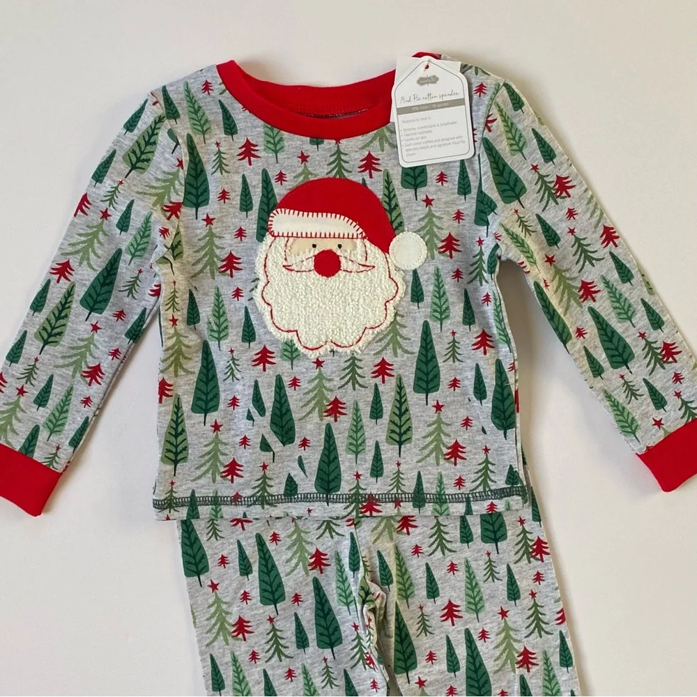 Mud Pie Kids Santa Pajamas Size 9 12 Months Christmas 2 Piece Long Johns Trees